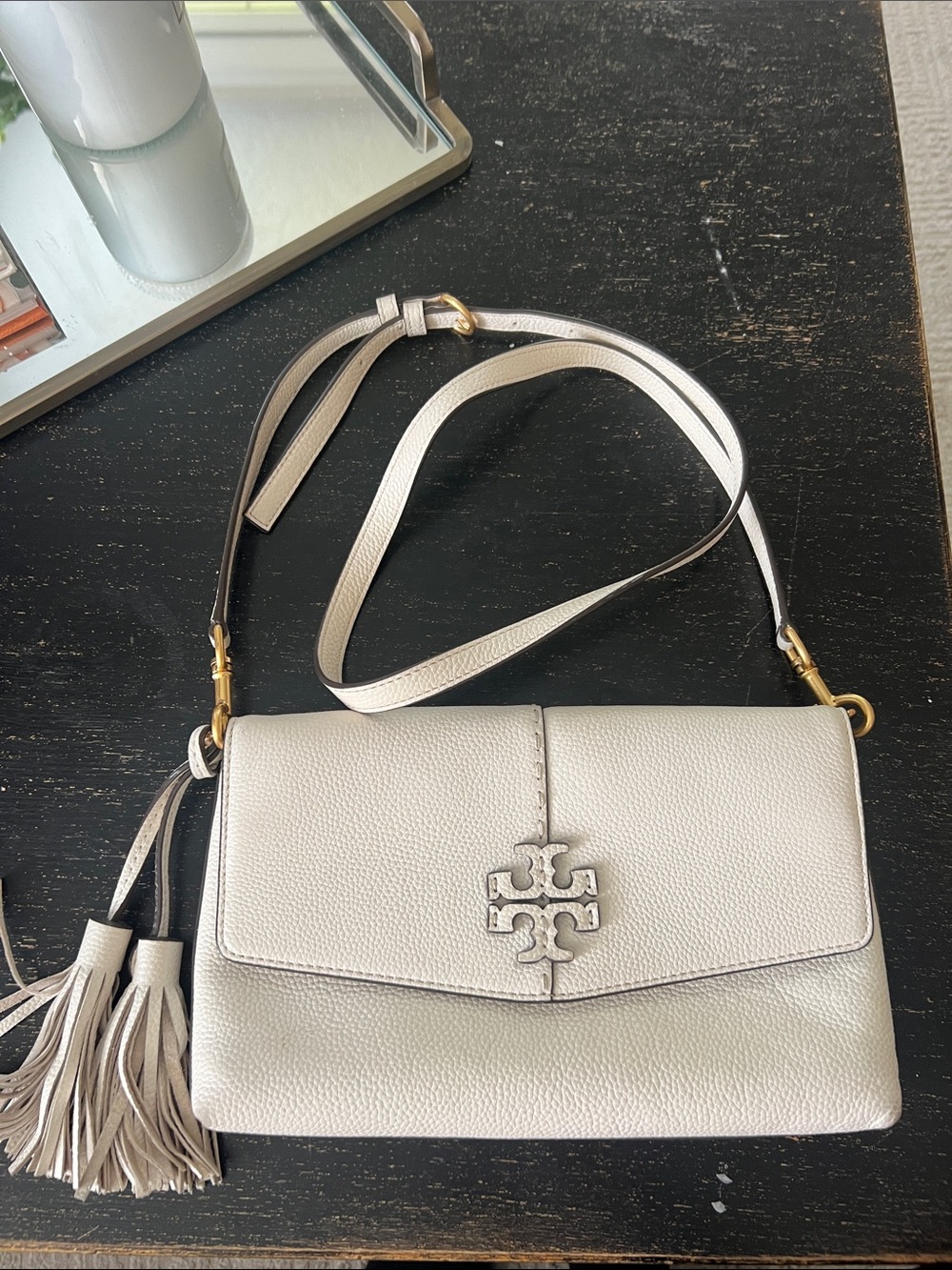Tory Burch Cream Pebbled Leather Crossbody with Tassel